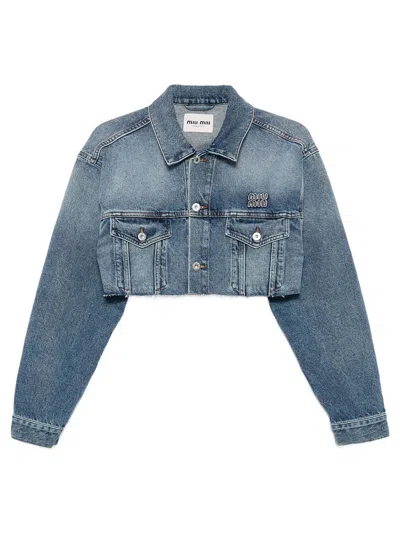 Miu Miu Cropped Washed Denim Jacket In Blue