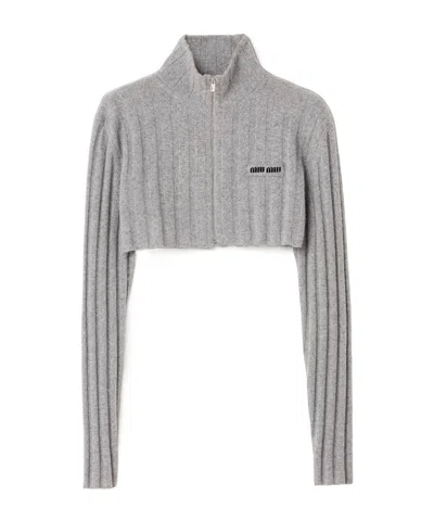 Miu Miu Cropped Wool And Cashmere Cardigan In Brown