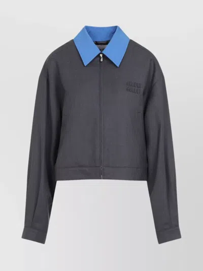 Miu Miu Cropped Wool Jacket Pointed Collar In Grey