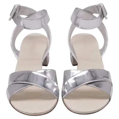 Pre-owned Miu Miu Crysta- Embellish Sandal Heels In Silver Patent Leather