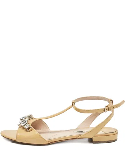 Pre-owned Miu Miu Crystail-embellished Flat Sandals In Neutral