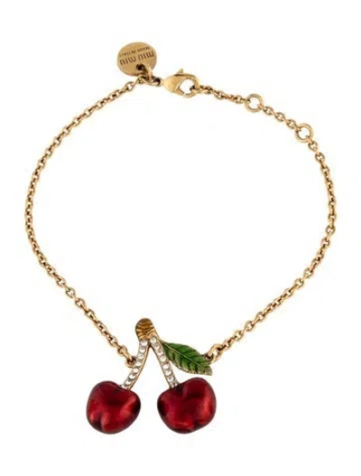 Pre-owned Miu Miu Crystal & Enamel Cherry Charm Bracelet, 7" In Clear/green/red