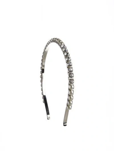 Pre-owned Miu Miu Crystal & Faux Pearl Accent Headband In Silver