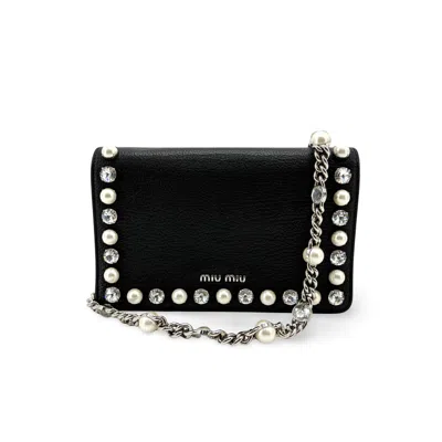 Pre-owned Miu Miu Crystal And Pearl Chain Clutch Embellished Leather Black Leather Clutche & Pouche Bag (pre-o