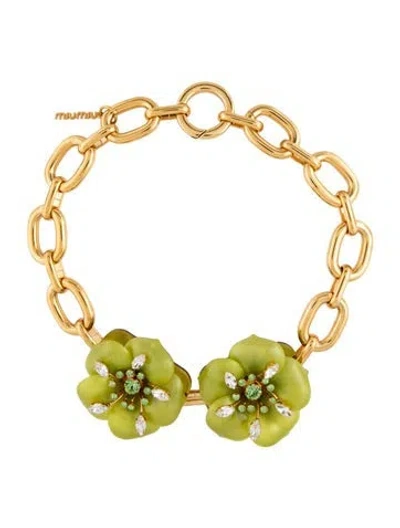 Pre-owned Miu Miu Crystal & Resin Flower Collar Necklace, 19" In Green