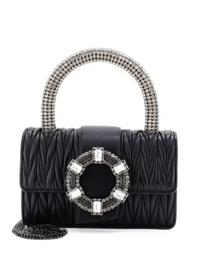 Pre-owned Miu Miu Crystal Buckle Top Handle Flap Bag Matelasse Leather Small Satchel In Black
