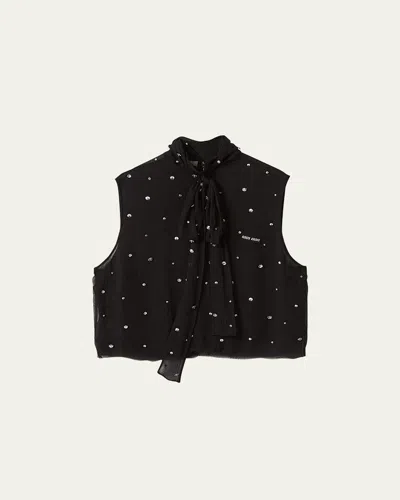 Miu Miu Crystal Chiffon Scarf-neck Cropped Top In F0002 Nero