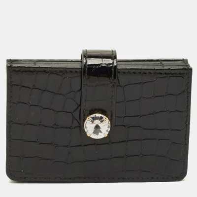 Pre-owned Miu Miu Crystal Embellished Black Croc Embossed Patent Leather Flap Card Holder