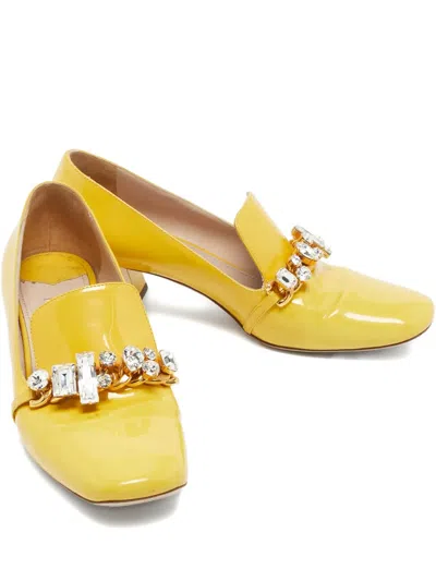 Pre-owned Miu Miu Crystal-embellished Block-heel Pumps In Yellow