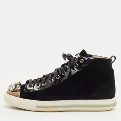 Pre-owned Miu Miu Crystal Embellished Cap Toe Size 38.5 Black Patent Leather And Velvet Mid Top Sneakers