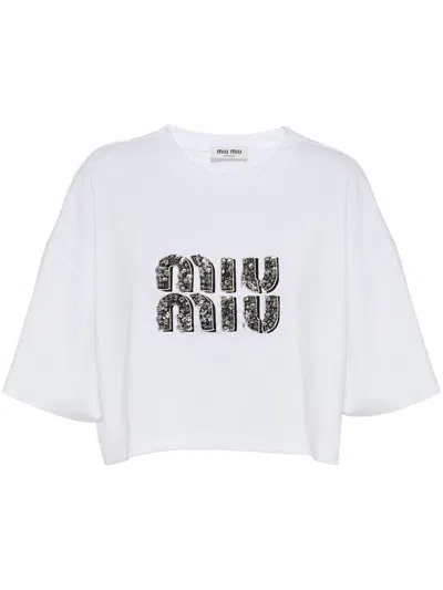 Miu Miu Crystal-embellished Cotton T-shirt In Weiss