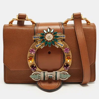 Pre-owned Miu Miu Crystal Embellished Flap Brown Madras Leather Shoulder Bag