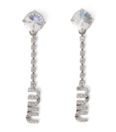 Miu Miu Crystal-embellished Logo Drop Earrings In Metallic
