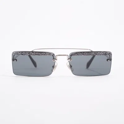 Miu Miu Crystal Embellished Rectangular Frame Sunglasses / Silver Acetate 58mm 18mm In Grey