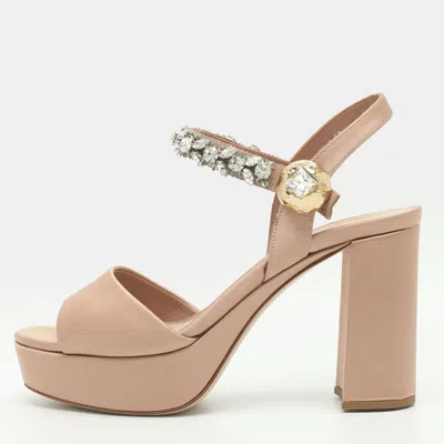 Pre-owned Miu Miu Crystal Embellished Size 38.5 Beige Satin Platform Sandals