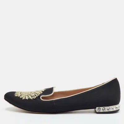 Pre-owned Miu Miu Crystal Embellished Size 39.5 Black Embroidered Canvas Smoking Slippers
