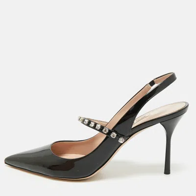 Pre-owned Miu Miu Crystal Embellished Size 39.5 Black Patent Leather Slingback Pumps