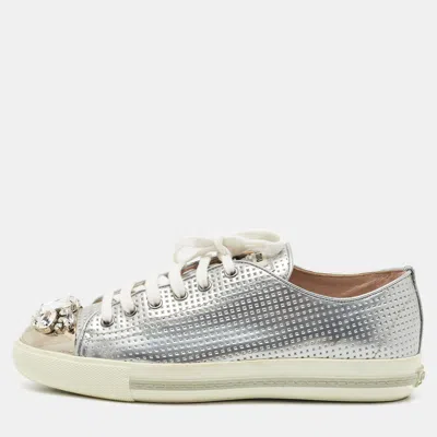 Pre-owned Miu Miu Crystal Embellished Size 39.5 Silver Leather Low Top Sneakers