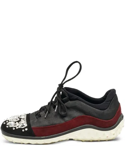 Pre-owned Miu Miu Crystal-embellished Suede Sneakers In Black