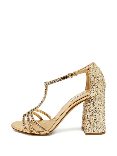 Pre-owned Miu Miu Crystal-embellished T-strap Sandals In Gold