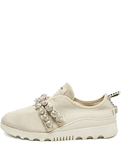 Pre-owned Miu Miu Crystal-embellishment Sneakers In Neutral