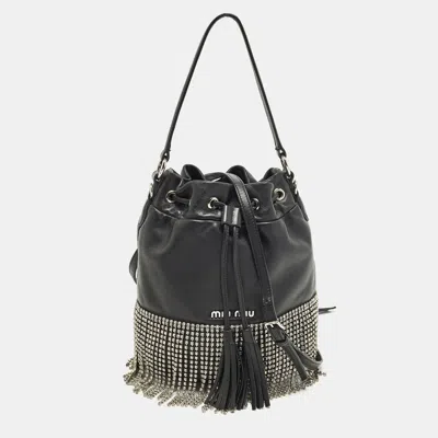 Pre-owned Miu Miu Crystal Fringe Black Leather Drawstring Bucket Bag