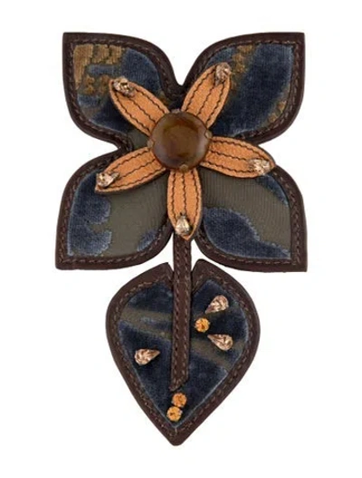 Pre-owned Miu Miu Crystal, Velvet & Leather Flower Pin Brooch In Blue/brown/orange