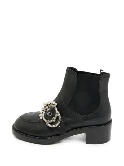 Pre-owned Miu Miu Crystal-embellished Buckle Ankle Boots In Black