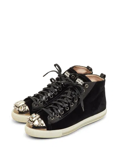 Pre-owned Miu Miu Crystal-embellished Cap Toe Sneakers In Black