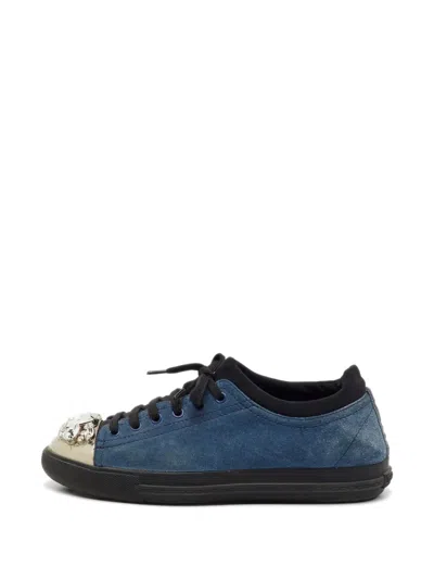Pre-owned Miu Miu Crystal-embellished Cap-toe Sneakers In Blue