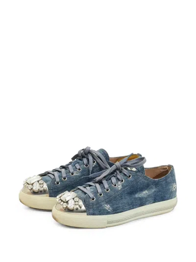 Pre-owned Miu Miu Crystal-embellished Denim Sneakers In Blue