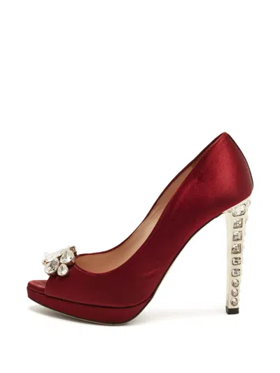 Pre-owned Miu Miu Crystal-embellished Heeled Pumps In Red