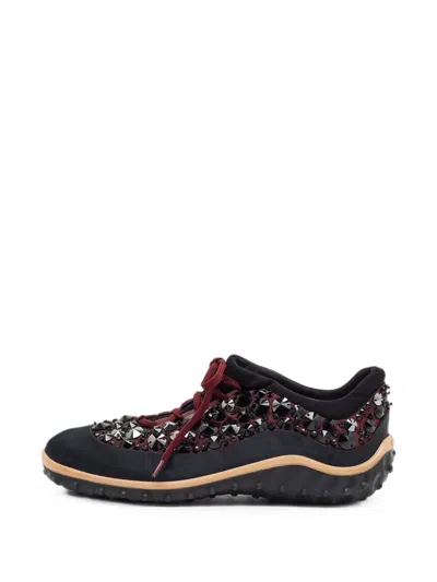 Pre-owned Miu Miu Crystal-embellished Lace-up Sneakers In Black