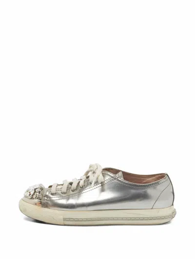 Pre-owned Miu Miu Crystal-embellished Leather Sneakers In Silver