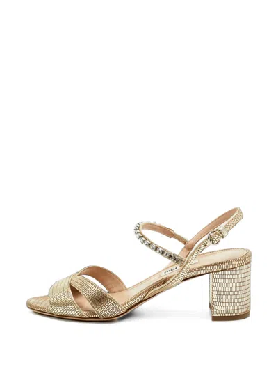 Pre-owned Miu Miu Crystal-embellished Lizard-effect Sandals In Gold