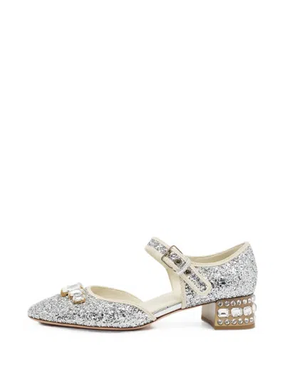 Pre-owned Miu Miu Crystal-embellished Mary Jane Pumps In Silver