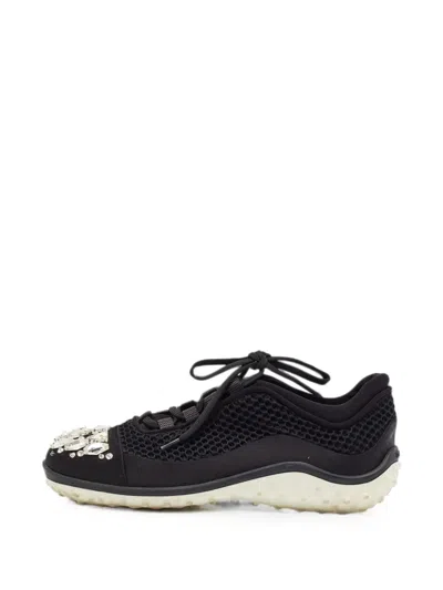Pre-owned Miu Miu Crystal-embellished Mesh Sneakers In Black