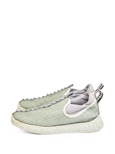 Pre-owned Miu Miu Crystal-embellished Mesh Sneakers In Green