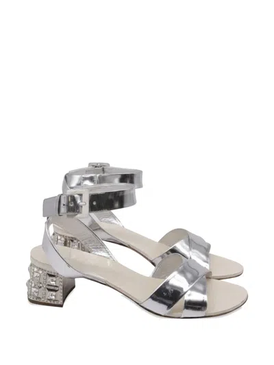 Pre-owned Miu Miu Crystal-embellished Patent Leather Sandals In Silver