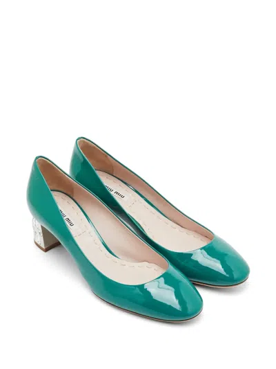 Pre-owned Miu Miu Crystal-embellished Patent-leather Pumps In Green