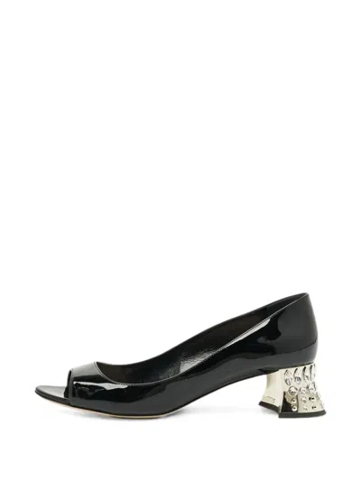Pre-owned Miu Miu Crystal-embellished Peep-toe Pumps In Black