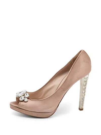 Pre-owned Miu Miu Crystal-embellished Peep-toe Pumps In Neutral