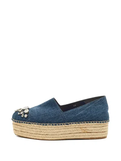 Pre-owned Miu Miu Crystal-embellished Platform Espadrilles In Blue