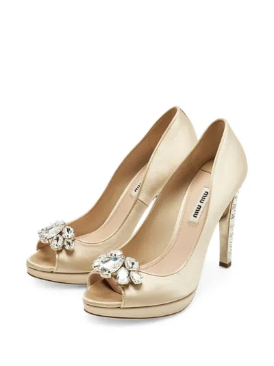 Pre-owned Miu Miu Crystal-embellished Platform Pumps In Neutral