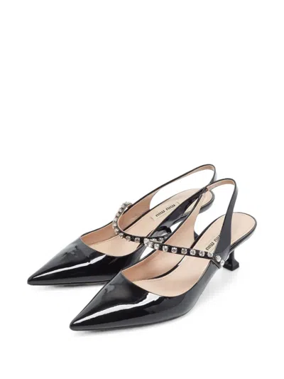 Pre-owned Miu Miu Crystal-embellished Point-toe Heeled Pumps In Black