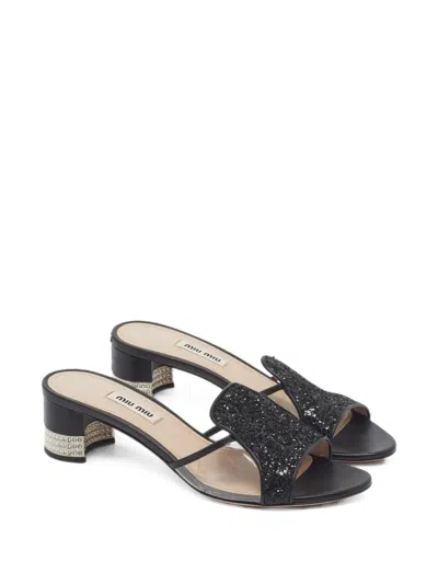 Pre-owned Miu Miu Crystal-embellished Slide Sandals In 黑色