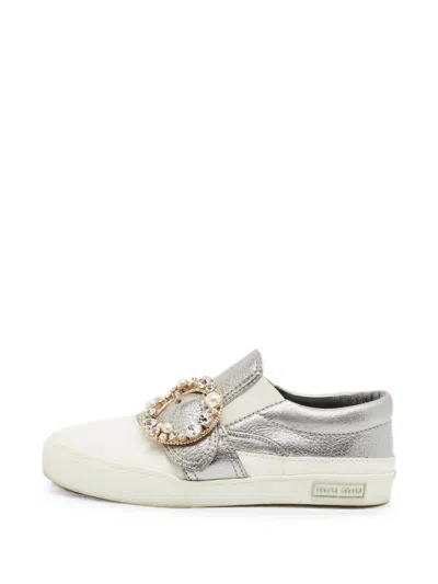 Pre-owned Miu Miu Crystal-embellished Slip-on Sneakers In Silver