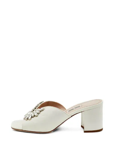 Pre-owned Miu Miu Crystal-embellished Snakeskin-effect Sandals In White