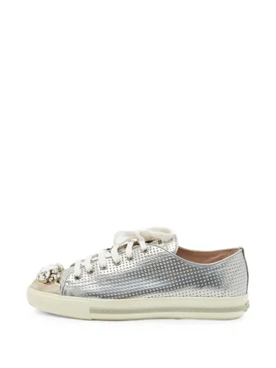 Pre-owned Miu Miu Crystal-embellished Sneakers In Gray