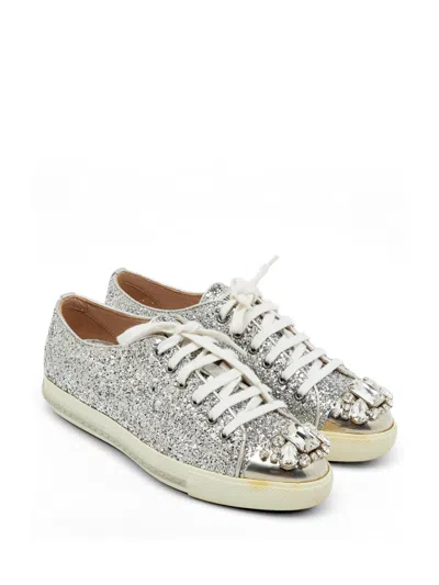 Pre-owned Miu Miu Crystal-embellished Sneakers In Silver